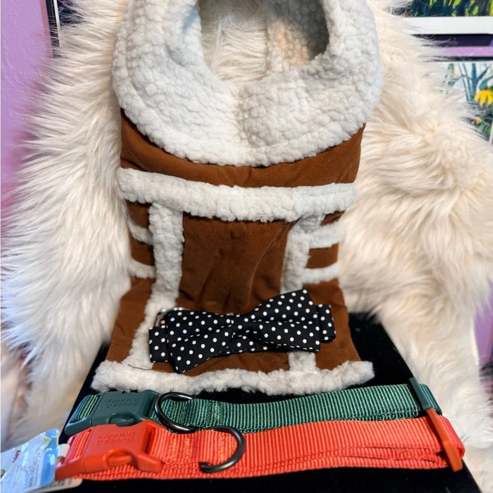 Cozy Brown Sherpa-Trim Large Dog Vest + 3 new collars